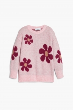 Pulover roz cu imprimeu floral și mâneci lungi