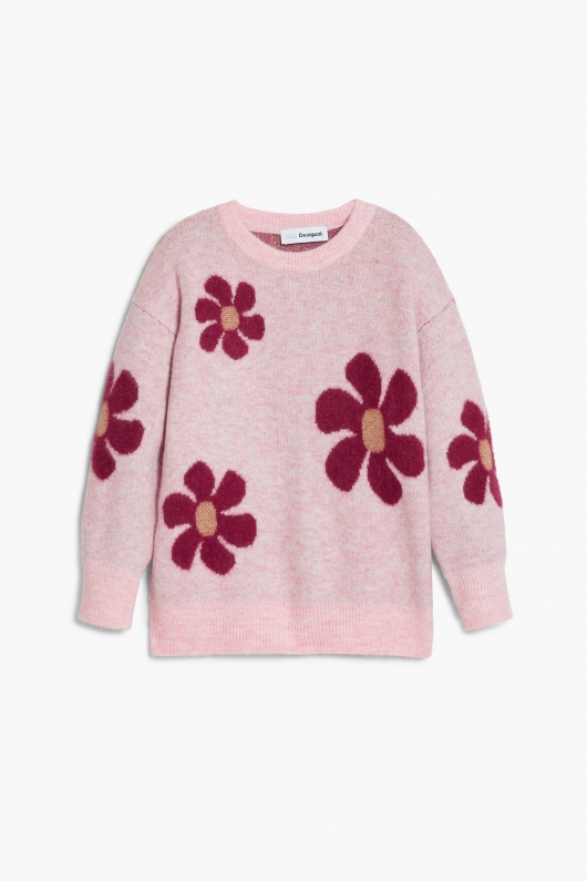Pulover roz cu imprimeu floral și mâneci lungi