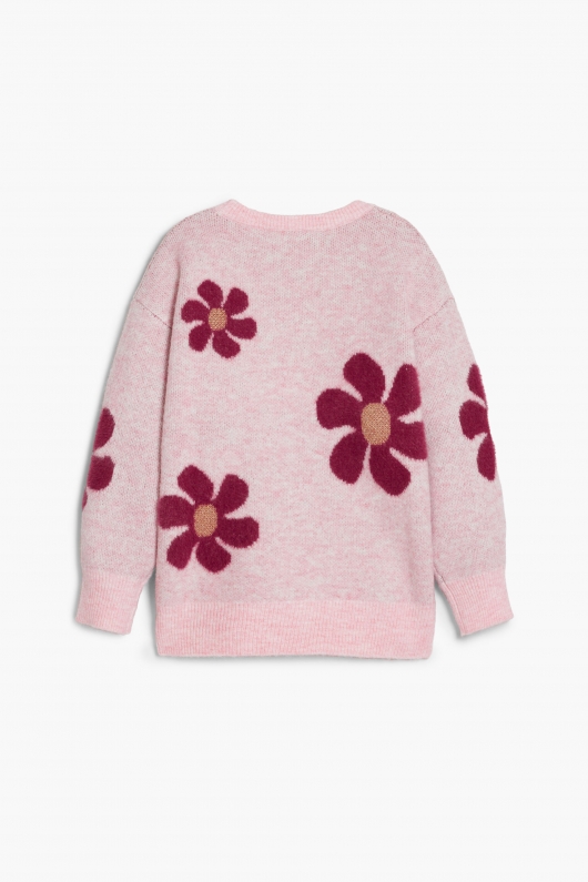 Pulover roz cu imprimeu floral și mâneci lungi