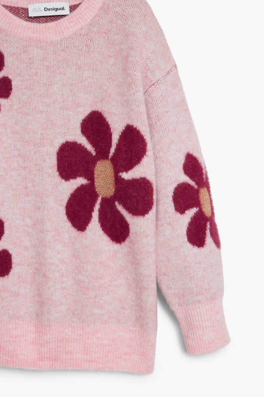 Pulover roz cu imprimeu floral și mâneci lungi