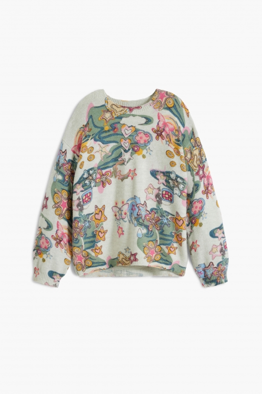 Pulover multicolor cu print artistic și guler rotund pentru copii