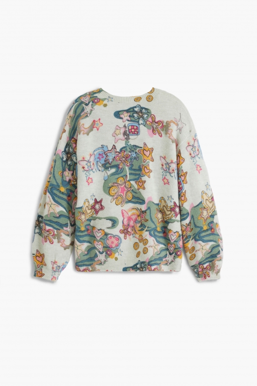Pulover multicolor cu print artistic și guler rotund pentru copii