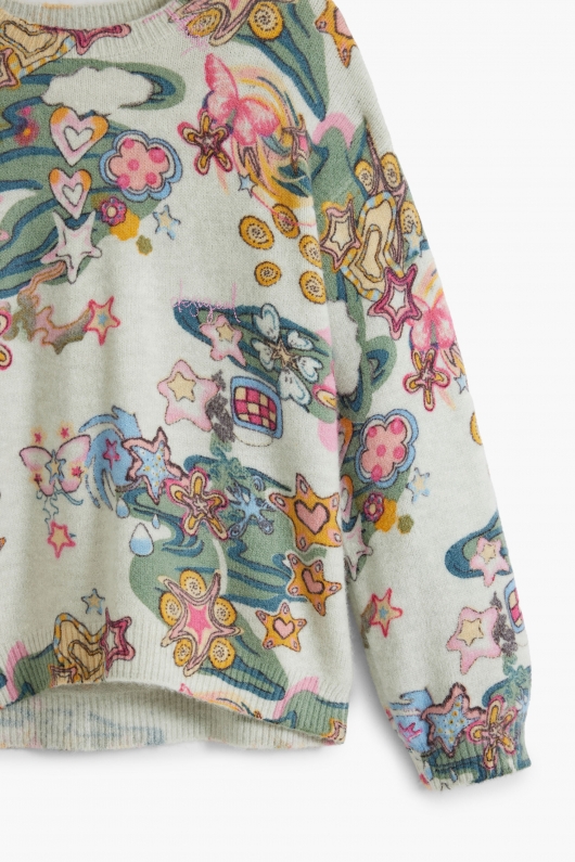Pulover multicolor cu print artistic și guler rotund pentru copii