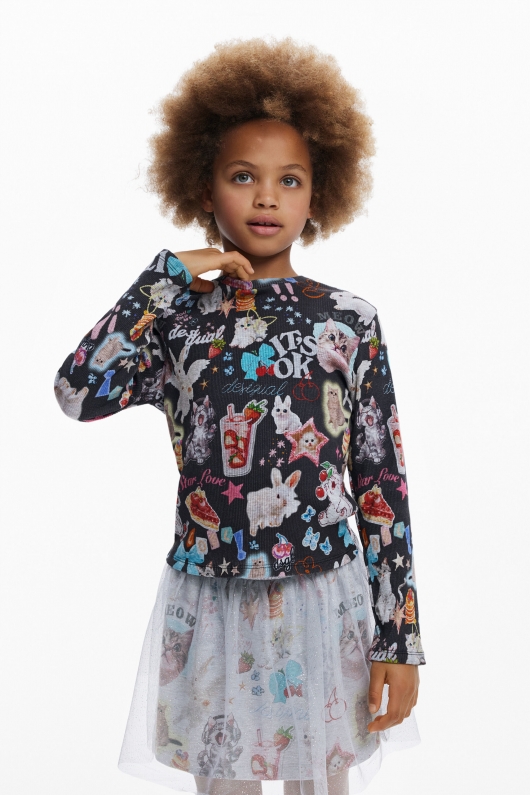 Bluză slim reiată cu print multicolor cu animale