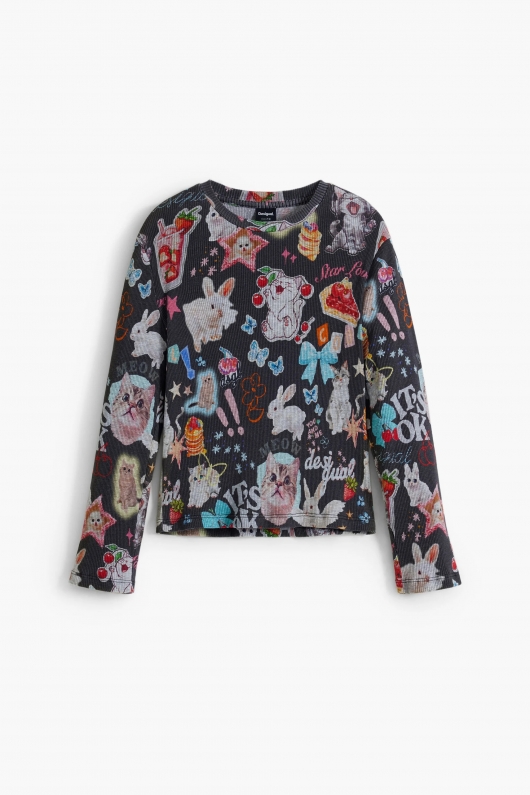 Bluză slim reiată cu print multicolor cu animale