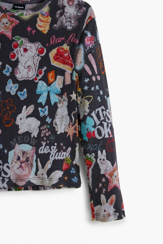 Bluză slim reiată cu print multicolor cu animale