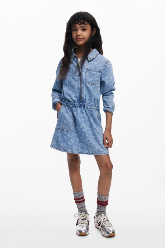 Rochie-cămașă denim albastru cu nasturi și buzunare