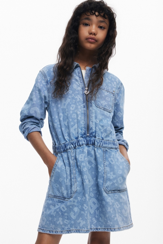 Rochie-cămașă denim albastru cu nasturi și buzunare