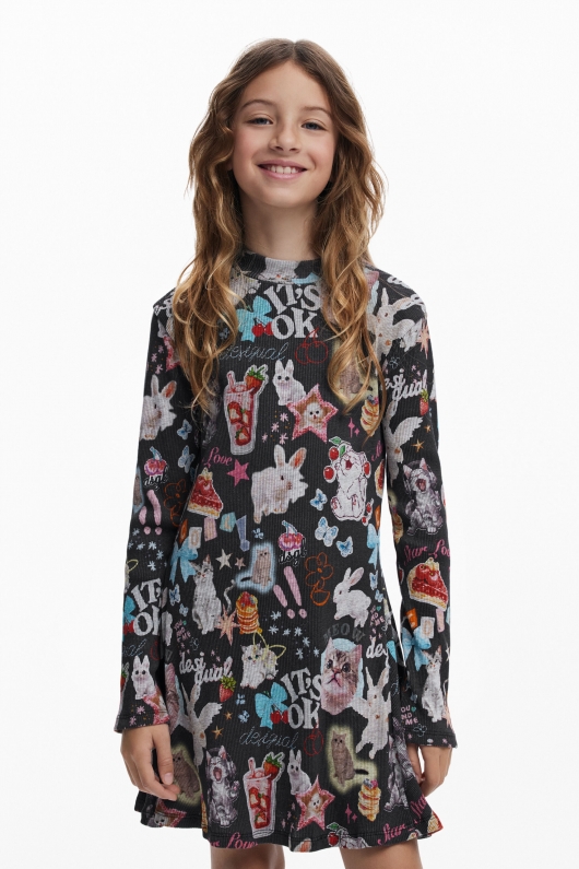 Rochie scurtă skater cu print multicolor pisici