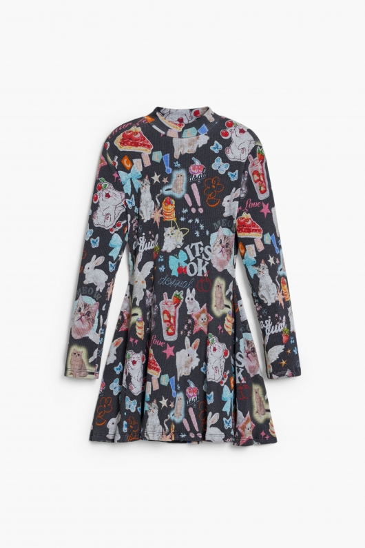 Rochie scurtă skater cu print multicolor pisici