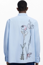 Cămașă bleu cu broderie florală și nasturi