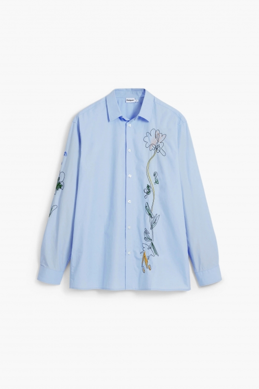 Cămașă bleu cu broderie florală și nasturi