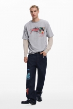 Pantaloni denim închis cu print oriental integral