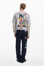 Pantaloni denim închis cu print oriental integral
