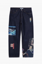 Pantaloni denim închis cu print oriental integral