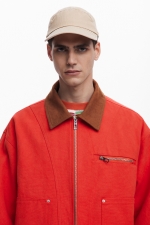 Jachetă denim roșie oversize cu guler sherpa