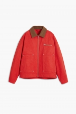 Jachetă denim roșie oversize cu guler sherpa