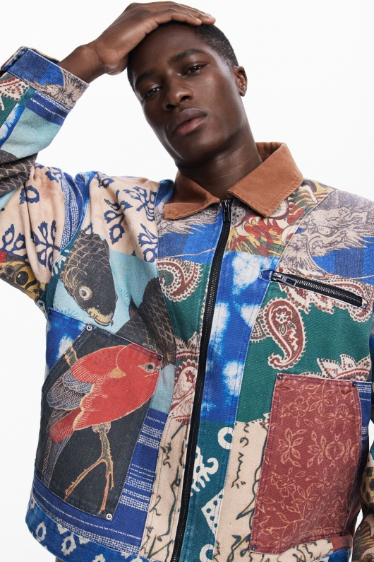 Jachetă scurtă patchwork multicolor cu fermoar