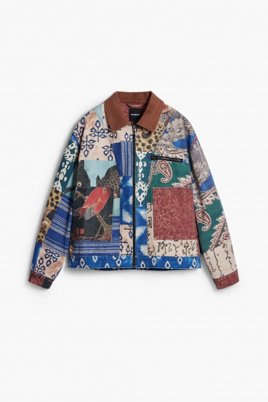 Jachetă scurtă patchwork multicolor cu fermoar