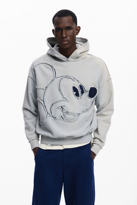 Hanorac gri cu glugă Mickey Mouse și patchwork denim