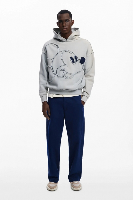 Hanorac gri cu glugă Mickey Mouse și patchwork denim