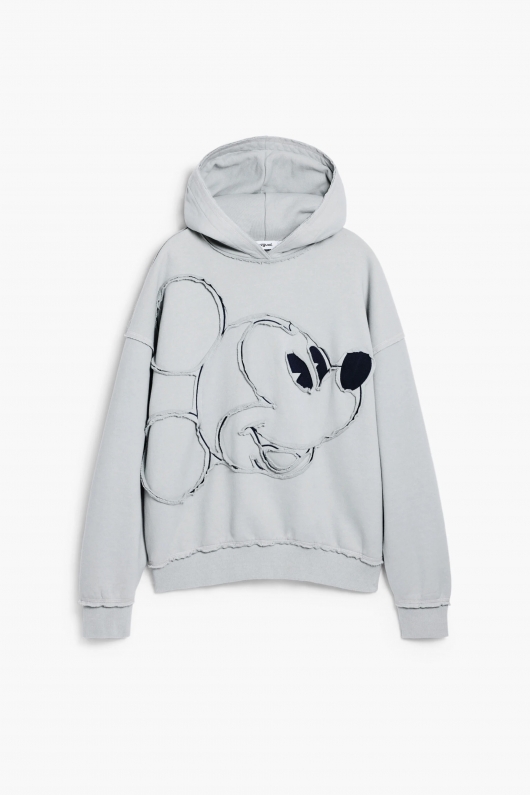 Hanorac gri cu glugă Mickey Mouse și patchwork denim