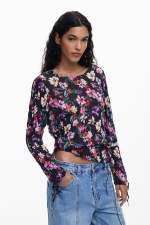 Bluză neagră plisată cu print floral multicolor