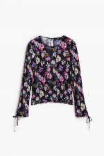 Bluză neagră plisată cu print floral multicolor
