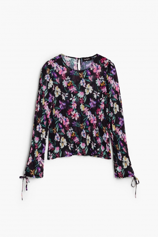 Bluză neagră plisată cu print floral multicolor