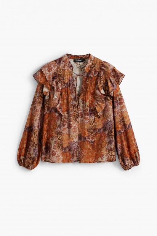 Bluză boho crem cu imprimeu paisley și șnur