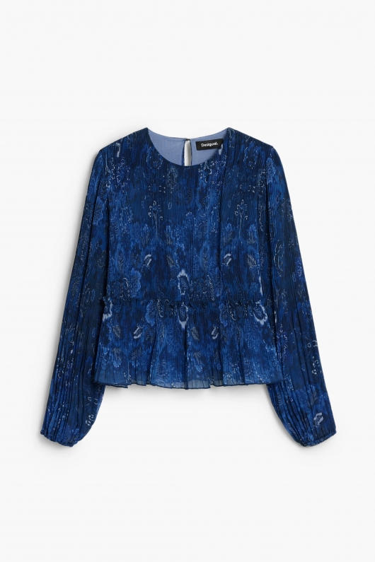 Bluză albastră plisată cu print boho și volane