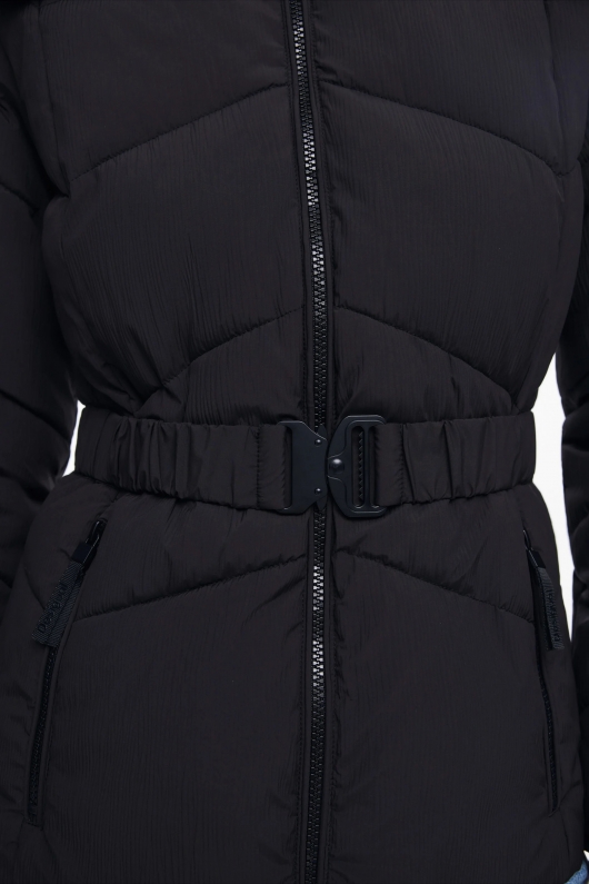 Geacă puffer scurtă neagră matlasată cu glugă