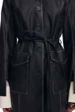 Trench lung negru din piele eco cu nasturi