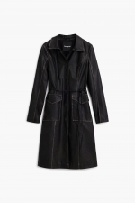 Trench lung negru din piele eco cu nasturi