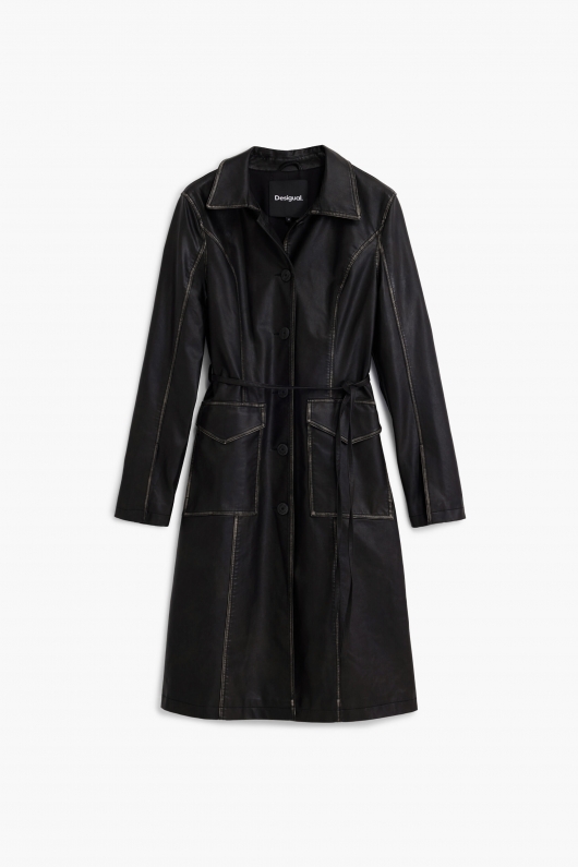 Trench lung negru din piele eco cu nasturi