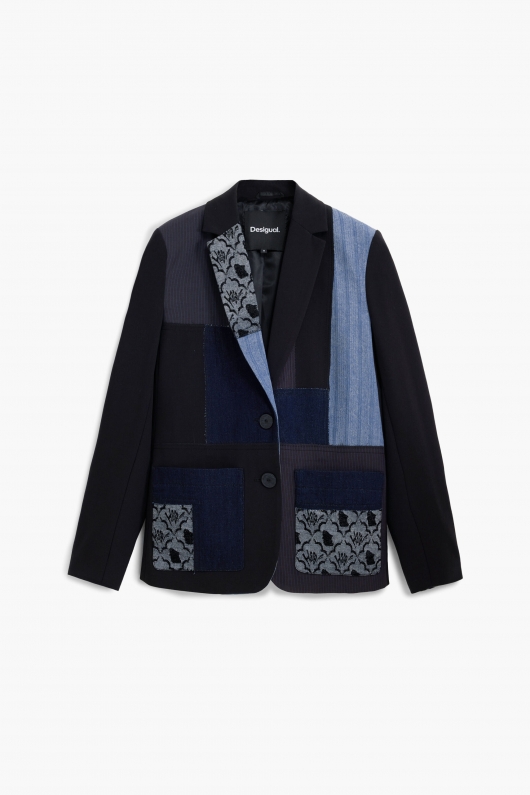 Sacou patchwork regular cu un nasture