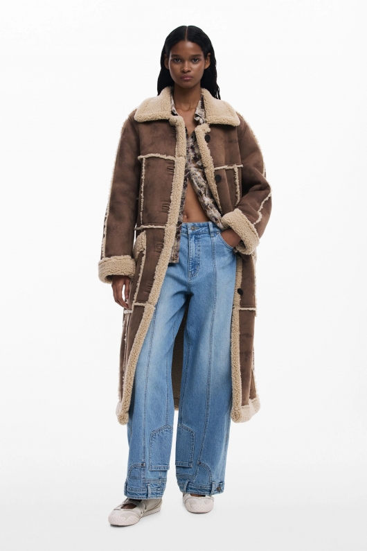 Palton reversibil shearling bicolor midi