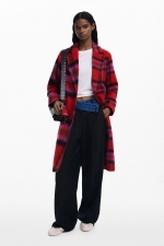 Palton lung tartan roșu cu nasturi și buzunare
