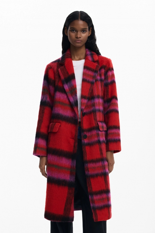 Palton lung tartan roșu cu nasturi și buzunare