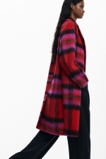 Palton lung tartan roșu cu nasturi și buzunare