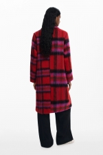 Palton lung tartan roșu cu nasturi și buzunare