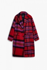 Palton lung tartan roșu cu nasturi și buzunare