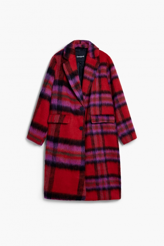 Palton lung tartan roșu cu nasturi și buzunare
