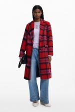 Palton lung tartan roșu cu nasturi și buzunare