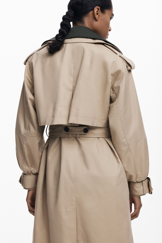 Trench midi bej cu detalii kaki și curea