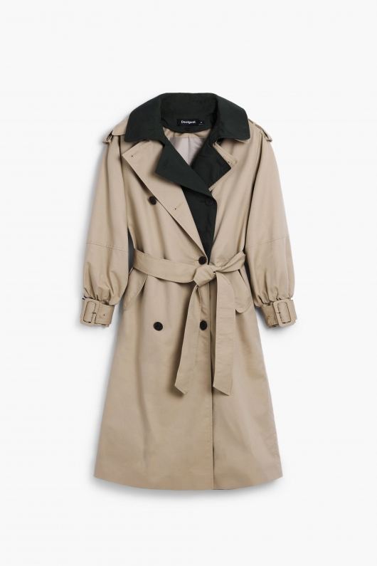 Trench midi bej cu detalii kaki și curea