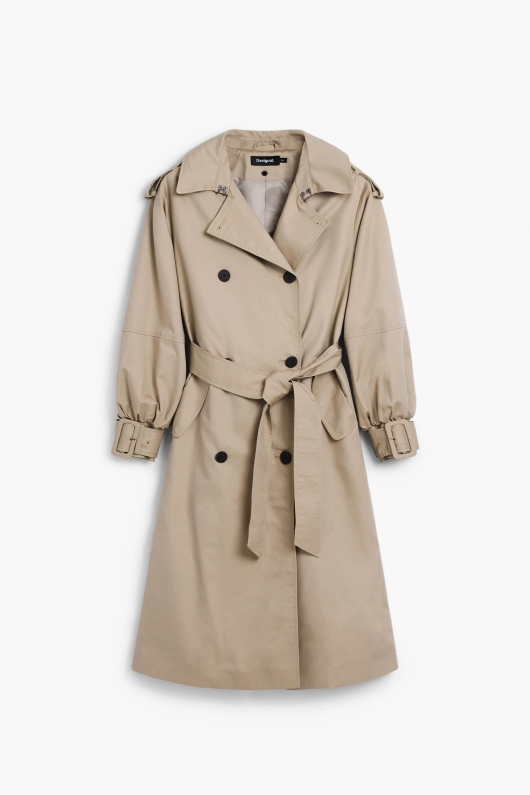 Trench midi bej cu detalii kaki și curea