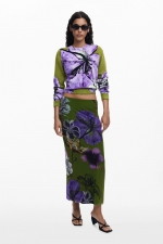 Fustă creion midi verde din tulle floral