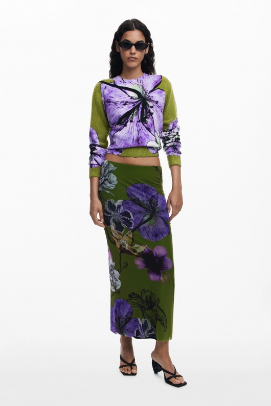 Fustă creion midi verde din tulle floral