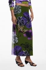 Fustă creion midi verde din tulle floral